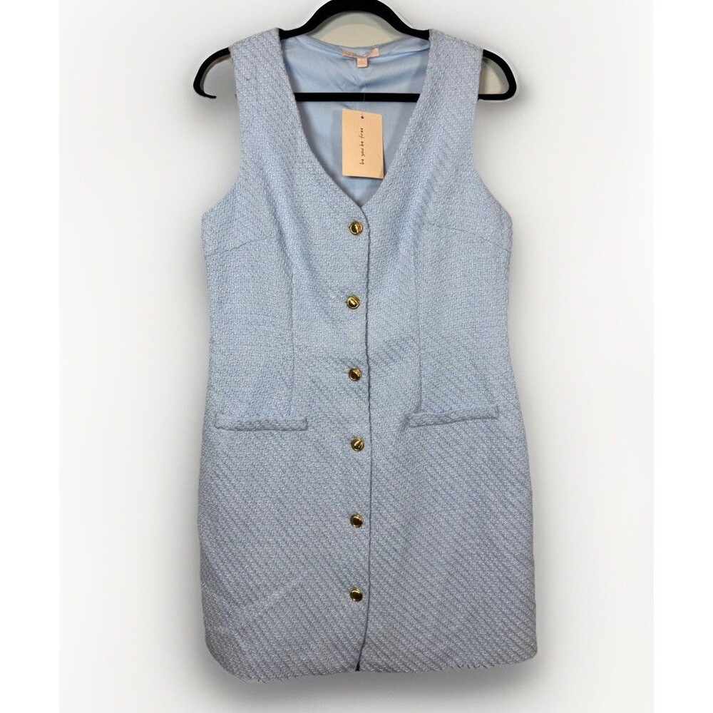 BEBOP Women NWT Baby Blue Tweed‎ Sleeveless Preppy Button Front Mini Dress Large